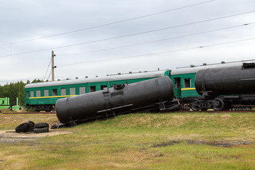 Wreckage of the russian trains, which is used for the simulation of train accident at the training ground of the Noginsk Rescue Center. City of Noginsk, Moscow region, Russia