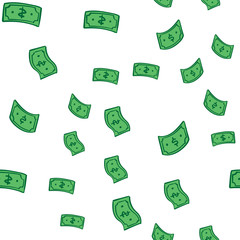 Dollar bill doodles falling from sky. Cartoon dollars rain. Seamless pattern.
