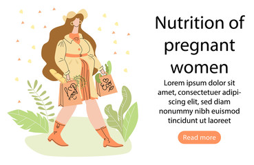 Vector illustration happy pregnant woman walking with bags from grocery store with organic eco food. Concept woman s nutrition during pregnancy, healthy eating. There is space for text. Web, printing.