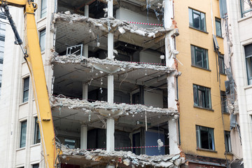 Construction site, house demolition, european city