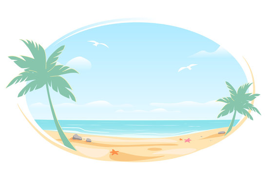 Tropic landscape Poster, oval frame for banner design. Sunny Paradise template illustration with copy space. Summer vacation traveling beach ocean. Greeting card. Vector White background isolated.