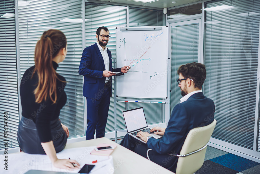 Poster successful man in formal wear spending time for training team of business people explaining informat