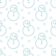 Seamless Christmas vector pattern. Blue contoured snowmen isolated on white background. Blue snowflakes. Festive illustration. Cute doodle art. Perfect for wallpaper or fabric.