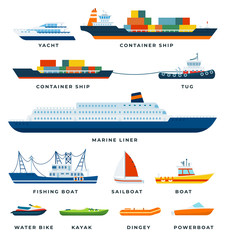 Set of Boats, Ship, Yacht, Sail flat vector illustration.