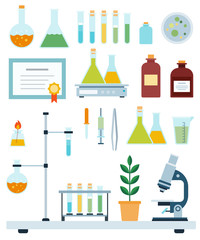 Set of Biology Laboratory flat vector illustration.