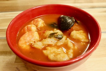 Soup in red bowl