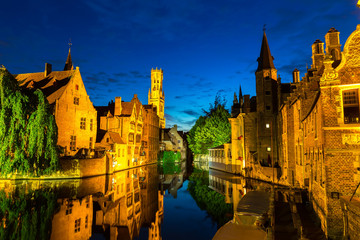 Fototapeta na wymiar Belgium, Brugge, night cityscape, panoramic view