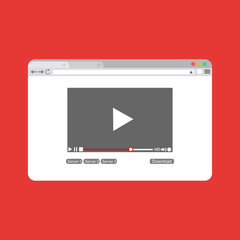 Video player on browser page template in flat style vector illustration. play sign icon