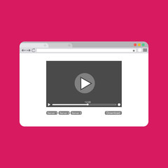 Video player on browser page template in flat style vector illustration. play sign icon