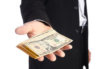 Business man holding money on white background
