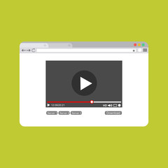 Video player on browser page template in flat style vector illustration. play sign icon