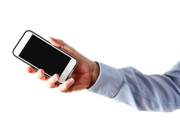 Phone in hand on a white background. A man holds a phone with a blank display in his hand. The concept of supplementing content, providing information.