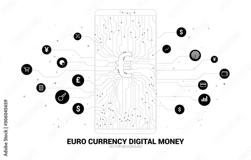 Poster vector money euro currency icon in mobile phone screen from dot connect line circuit board style. co
