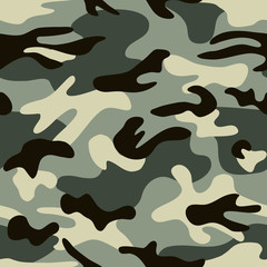 Seamless classic camouflage pattern. Camo fishing hunting vector background. Masking green brown black color military texture wallpaper. Army design for fabric paper vinyl print