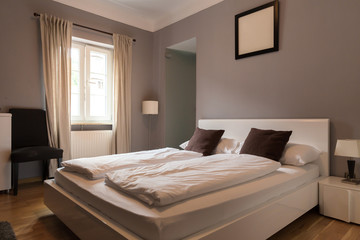 Hotel room interior, bedroom, Europe tourism