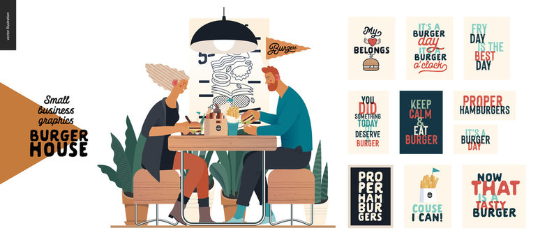 Burger house -small business graphics - visitors -modern flat vector concept illustrations -young couple eating burgers at the table in burger restaurant, interior, set of captions posters