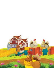 Cartoon farm scene with animal chicken bird having fun on white background with space for text - illustration for children