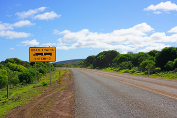 View of a road train long vehicle road sign near Northampton on the Coral Coast in West Australia