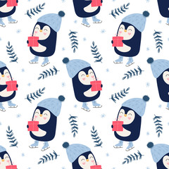 Seamless cute pattern, penguins with gifts, snowflakes, winter, ice skates. Christmas print for wrapping, wallpaper, fabric, textile. Cartoon vector illustration for children.