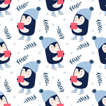 Seamless cute pattern, penguins with gifts, snowflakes, winter, ice skates. Christmas print for wrapping, wallpaper, fabric, textile. Cartoon vector illustration for children.