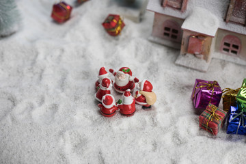 Traditional holiday attributes on snow. Creative artwork decorations. Empty space for your text