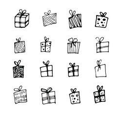 Set of vector outline gift icons. Black and white line boxes with ribbons, isolated illustration. Trendy design elements for holiday greeting card, gift shop, voucher, flyer, banner. Isolated vector