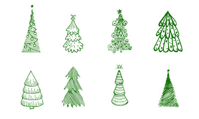 Set hand drawn sketch green Christmas and New Year tree. Abstract fir trees in doodle style for your design. Isolated on white background