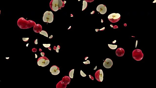 Realistic render of falling Fuji apples on transparent background (with alpha channel). The video is seamlessly looping, and the objects are 3D scanned from real apples.