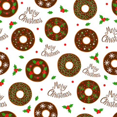 Christmas donuts, seamless pattern, vector illustration. 