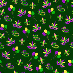 Mardi Gras. Green seamless pattern vector illustration.