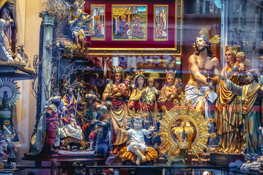 Madrid, Spain - January 23, 2019: Shop Window Of Angel Perez Nephews Devotional Articles Store Located On Postas Street In Madrid City