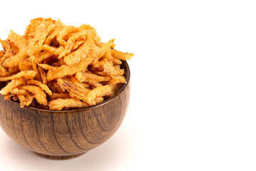 Fried Onions for Green Bean Casserole or Salad Garnish a White Background