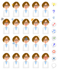 白衣の女性の20種類の表情