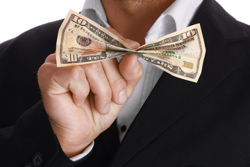 Business man holding money on white background