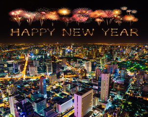 happy new year fireworks over Bangkok cityscape at night, Thailand