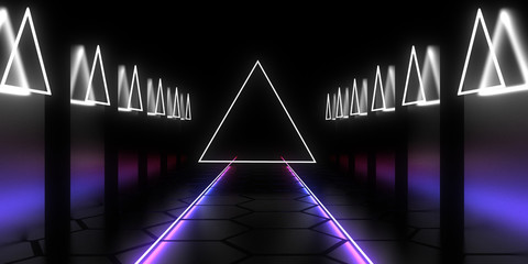 abstract architecture tunnel with neon light. 3d illustration