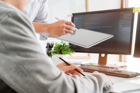 Cropped shot view Developing programming and coding technologies. Website design. Programmer working in a software develop company office. 