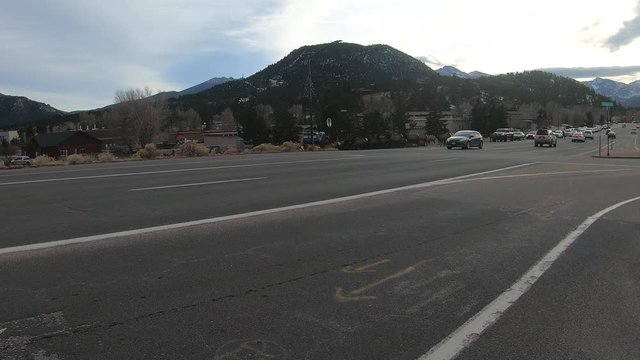 A large herd of resident elk block the road in Estes Park Colorado.