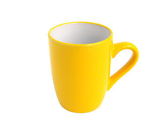 Empty yellow mug for coffee or tea isolated on white background.