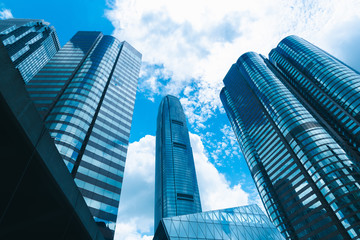 Fototapeta na wymiar skyscraper building in Hong Kong, city view in blue filter
