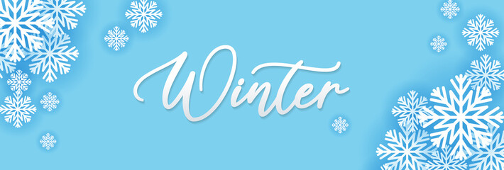 winter abstract background design Creative concept, A snow icon scattered with winter letters on a light blue background. Space copy text Area. Vector illustration.