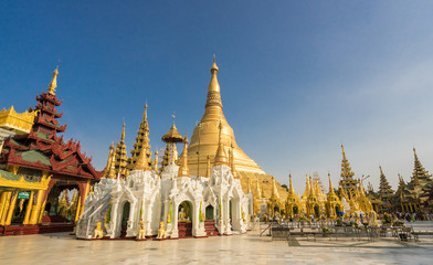 Fototapeta premium A lot of Buddhists, People of Myanmar, Foreigner and Tourist, visit to The Shwedagon Pagoda the most sacred Buddhist pagoda in Myanmar 