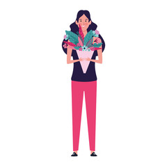 cartoon woman holding a bouquet of flowers icon