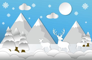Illustration of winter season with the Mountains, trees and deer . Creative concept of winter celebration. Paper art style. Vector illustration.