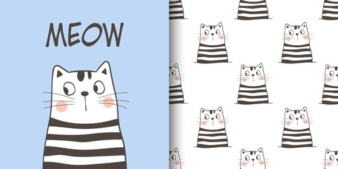 Draw greeting card and print pattern of cat for fabric textiles.