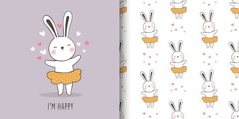 Draw greeting card and print pattern of cute rabbit.