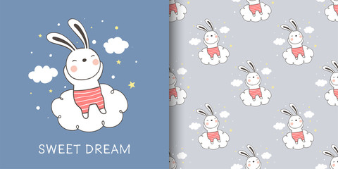 Draw greeting card and print pattern of rabbit sleeping.