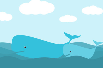 A whale and a baby whale happily swimming in the ocean.