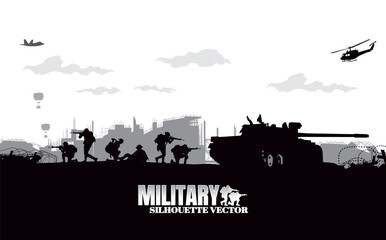 Naklejka na ściany i meble Military vector illustration, Army background, soldiers silhouettes.