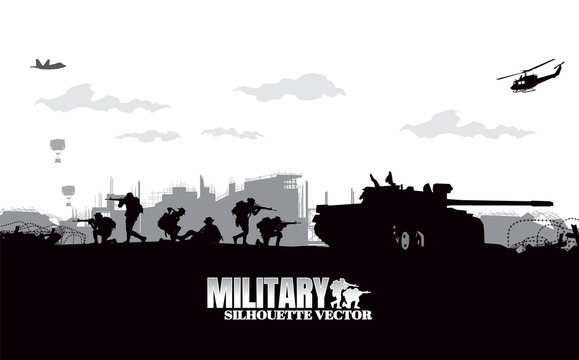 Military vector illustration, Army background, soldiers silhouettes.